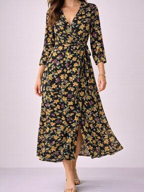 BloomChic Floral Wrap Midi Dress Womens 14 16 Black Yellow Purple